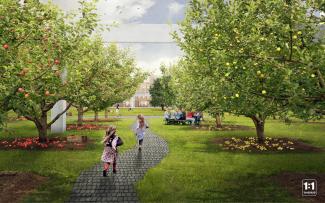 Fruit trees are the true protagonists in the concept of the landscape architects. © 1:1 Landskab People sitting in an orchard